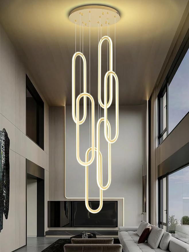 Flashing God H118 Modern Chandelier 6-Rings Contemporary Chandelier for High Ceiling Led Dimmable Large Pendant Lighting Gold Ring Chandeliers for Villa Foyer Entrance Living Room