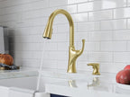 Pfister Miri 2.0 Kitchen Faucet with Pull Down Sprayer and Soap Dispenser, Single Handle, High Arc, NSF Certified, Brushed Gold Finish, F5297MRRBG