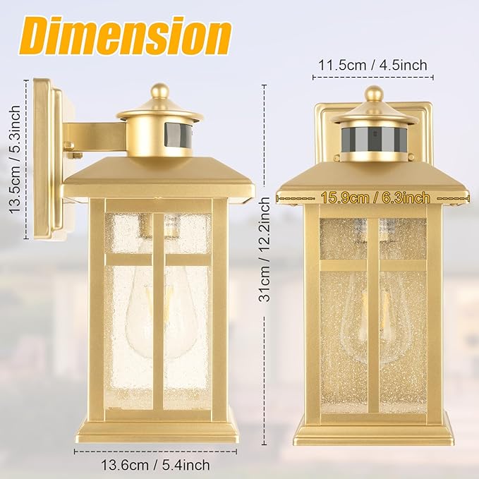 Outdoor Light Fixture Motion Sensor, Gold Waterproof Outside House Light, Modern Wall Lights, Outdoor Garage Light Dusk to Dawn Exterior Light Fixture for House, Garage, Garden
