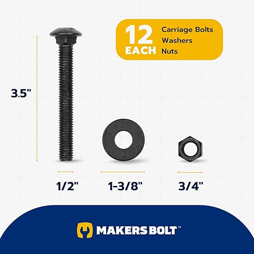 1/2 in. x 3-1/2 in. Black Carriage Bolt Kit Includes 12 Bolts, 12 Washers, and 12 Nuts, Ceramic Black Ruspert Coated for Exterior Use - 2X Rust Resistance of Galvanized by Makers Bolt