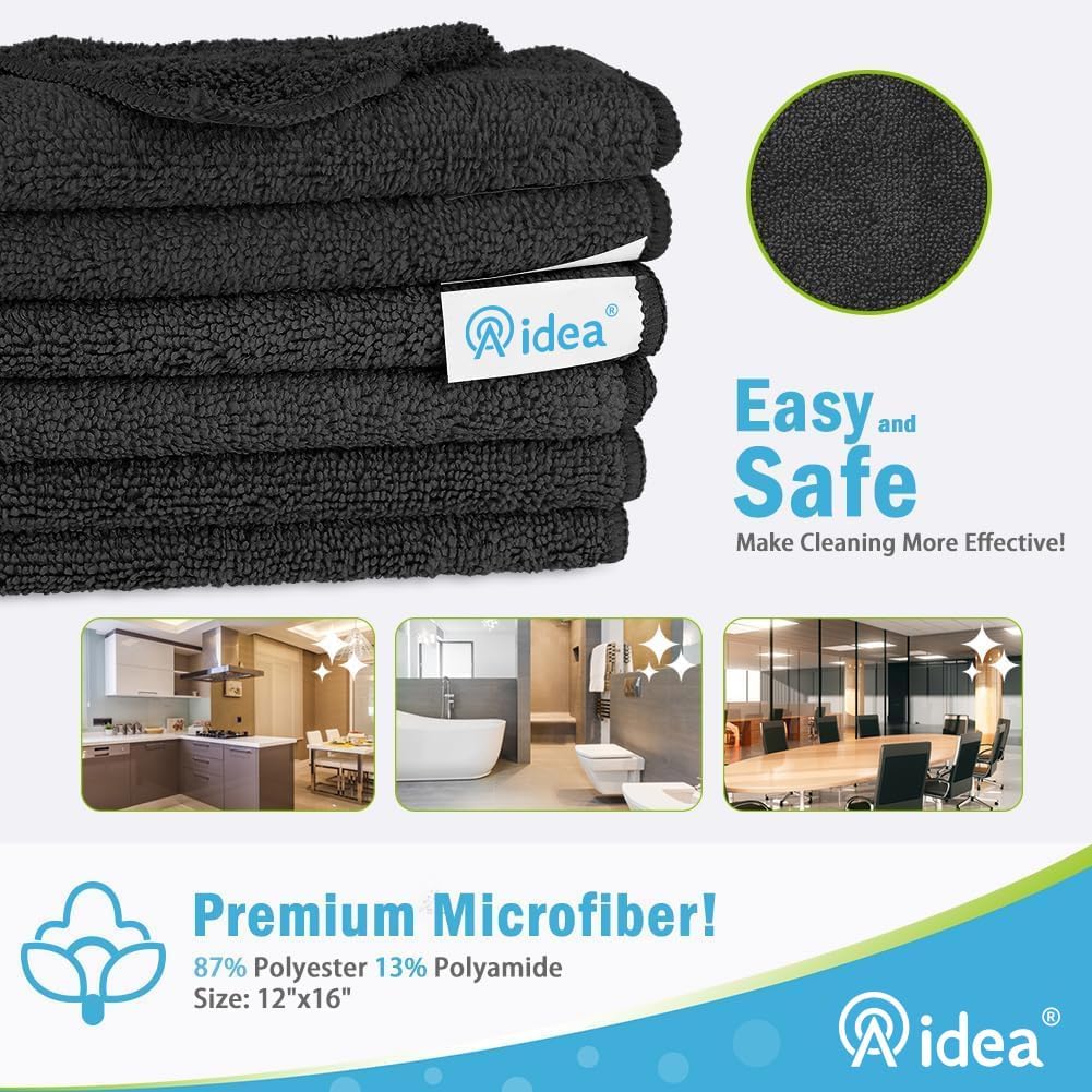 AIDEA Microfiber Cleaning Cloth-8PK, Soft Microfiber Towels for Cars, Absorbent Cleaning Rags, Lint-Free Streak-Free Wash Cloths for House, Kitchen, Window(12in.x16in), Black