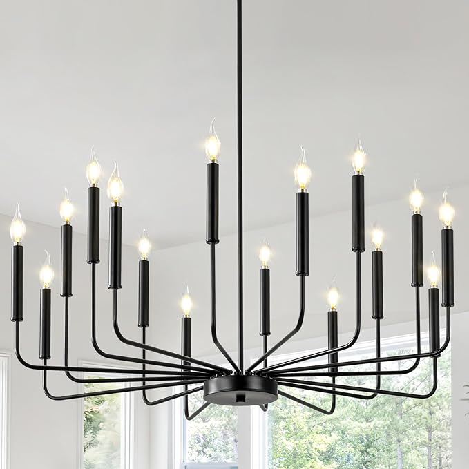 Qamra Farmhouse Black Chandelier for Dining Room, 16-Light Modern Candle Chandelier Light Fixture, Rustic Industrial Hanging Chandeliers Lighting for Living Room, Kitchen, Staircase, Entryway