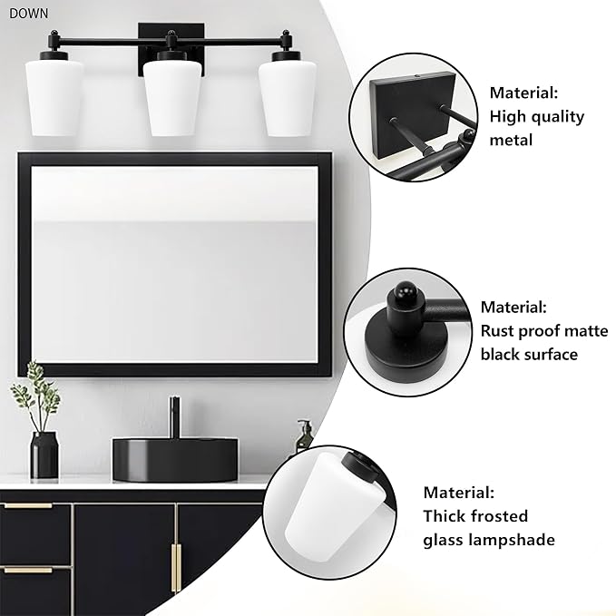 Bathroom Vanity Light Fixtures Brushed Black Over Mirror with Milk Glass Shade Wall Sconce Lighting Lamp Bath 3-Lights (Exclude E26 Bulb)