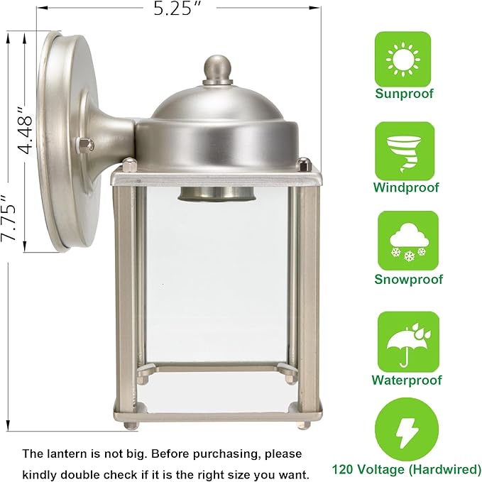 LIT-PaTH Outdoor Wall Lantern, Wall Sconce as Porch Lighting Fixture, E26 Medium Base, Aluminum Housing Plus Glass, Bulbs NOT Included, 2-Pack, Nickel Finish