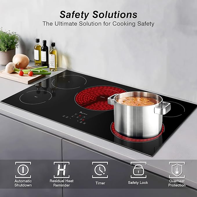 Electric Cooktop 36 Inch 5 Burners, Electric Stove Top, Built-in Ceramic Radiant Cooktop with Sensor Touch Control, Fast Heat, Multiple Safety Protection, 9000W with Hard Wire for 220V~240V