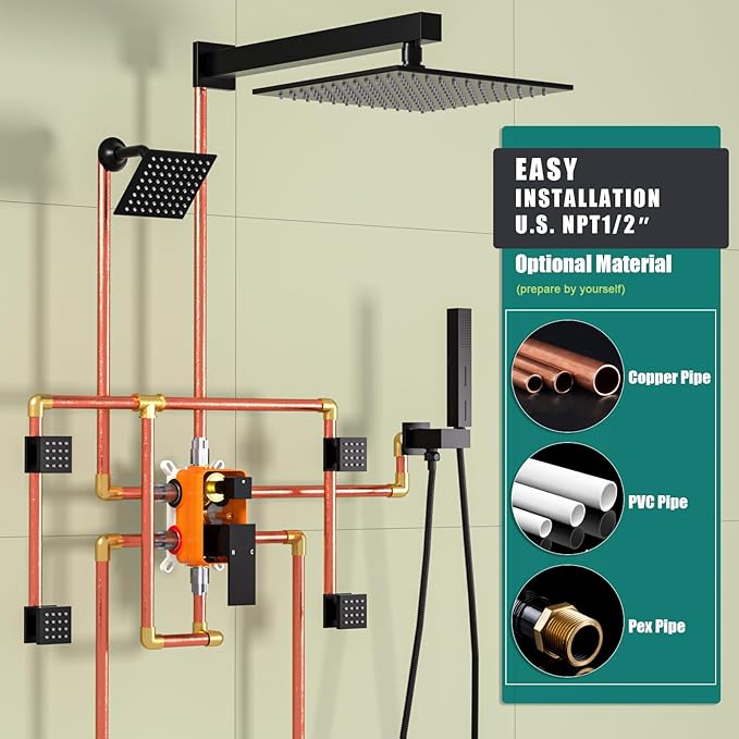 Enga Dual Shower Head Shower System with Body Jets, Wall Mount 10+6" Dual Rain Shower Head with 2 in 1 Handheld Spray for Two People, Shower Faucet Set with Valve Kit, Matte Black