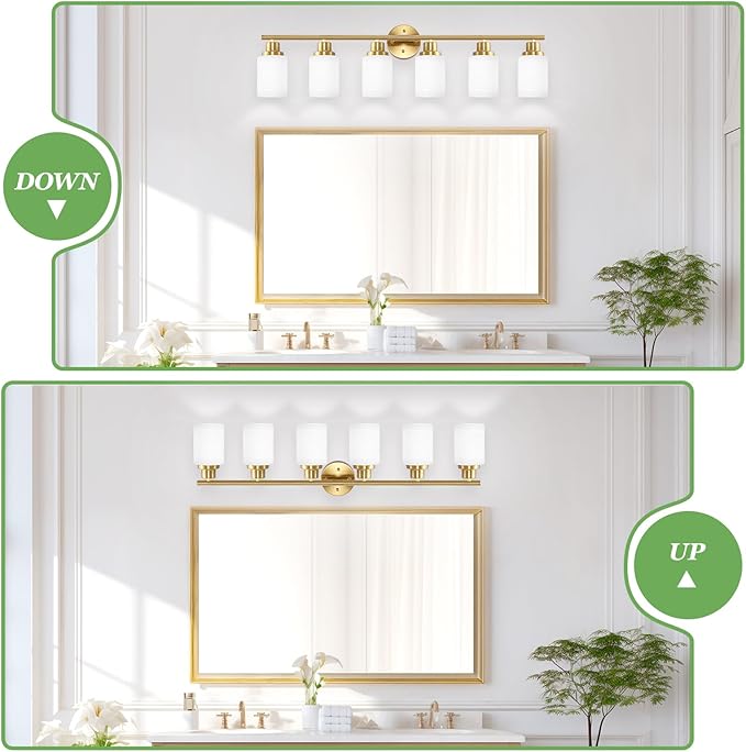 6-Light Vanity Lights, Brushed Gold Bathroom Light Fixture with Striped Textured Milky White Glass Shade, E26 Wall Sconce, Modern Vanity Lighting Fixture for Bathroom Wall Light Over Mirror