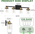 DORESshop Bathroom Light Fixtures, 4-Light Black and Gold Bathroom Lighting Fixtures Over Mirror with Glass Shade, Modern Vanity Lights for Hallway Bedroom, Includes Bulbs