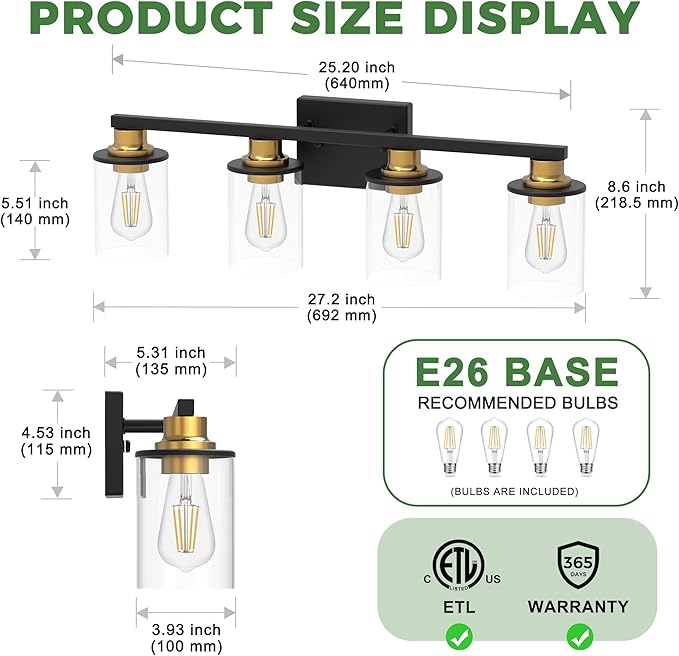 DORESshop Bathroom Light Fixtures, 4-Light Black and Gold Bathroom Lighting Fixtures Over Mirror with Glass Shade, Modern Vanity Lights for Hallway Bedroom, Includes Bulbs