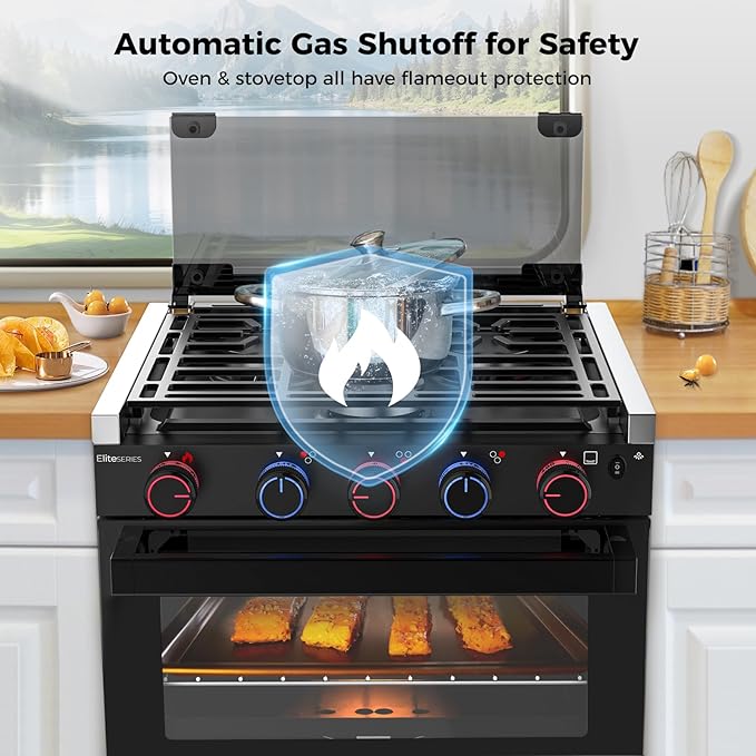 CAMPLUX Elite RV Propane Oven Stove Combo 17 Inches, 1.27 Cu.ft. Gas Oven Stove with 3 Burners, Total Output 28,100 BTU/Hr, Gas Ranges for RV, Apartment or Mini Kitchen, Black RGP17MGB