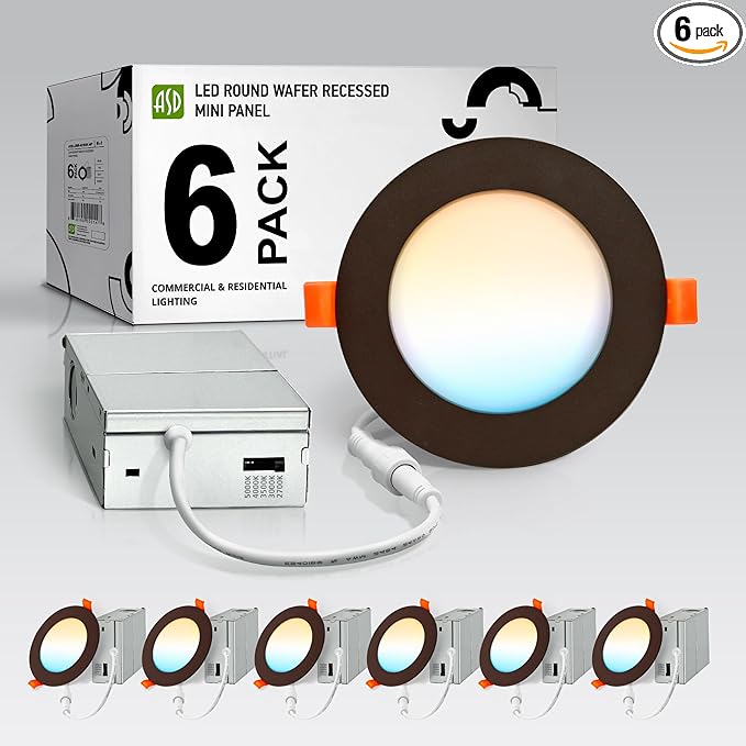 ASD 6 Pack LED Recessed Lighting 4 Inch 9W, 5 CCT 2700K-5000K CRI90+, IC Rated Ultra Thin Dimmable Ceiling Lights with J Box, Canless Wafer Downlight, Round Slim Panel Light, Energy Star ETL, Bronze