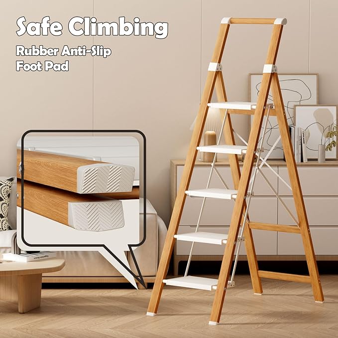 Taranta 5 Step Ladder, Portable Folding Ladder with Wide Pedal, Lightweight Aluminum Step Stool with Convenient Handgrip, 330 lbs Capacity Stepladder for Home, Office - White Woodgrain