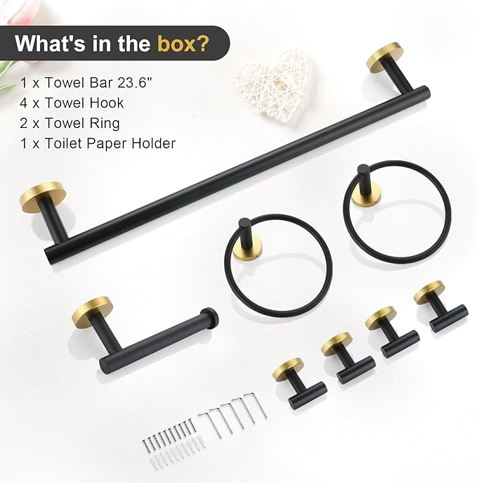 TQKAG 8-Pieces Bathroom Hardware Set Black and Gold SUS304 Stainless Steel Bath Towel Bar Set 23.6 Inch Round Bathroom Accessories Kit Wall Mounted