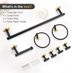 TQKAG 8-Pieces Bathroom Hardware Set Black and Gold SUS304 Stainless Steel Bath Towel Bar Set 23.6 Inch Round Bathroom Accessories Kit Wall Mounted