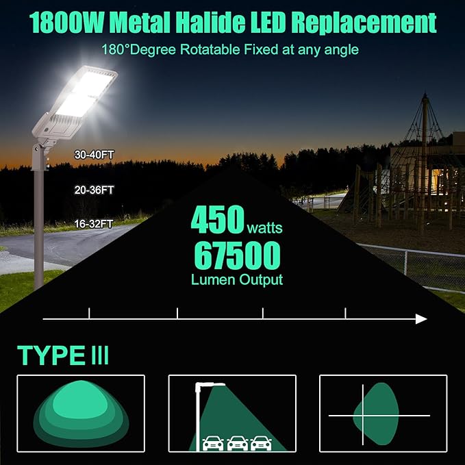 450W LED Parking Lot Light Dusk to Dawn Photocell with Slip Fitter 67,500LM, DLC ETL Listed Outdoor Street Area Light LED Shoebox Parking Pole Light 5000K IP65 Waterproof Commercial Lights 100-277VAC