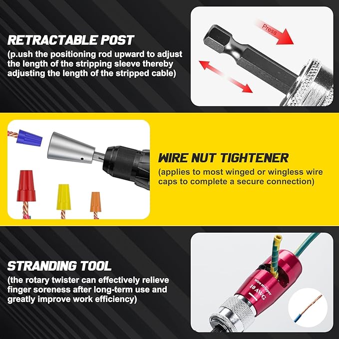 Wire Stripper for Drill - 2025 Upgraded Electric Wire Stripping and Twisting Tool for AWG 14-12-10, Wire Stripper Tool for Power Drill, Nut Twister Stripping and Connector Kit (6PCS)