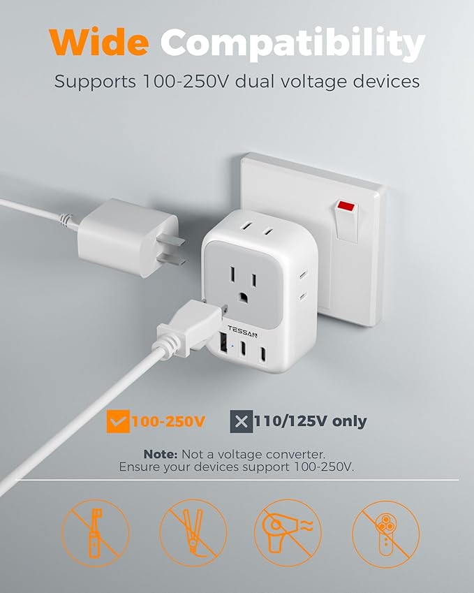 US to India Plug Adapter, TESSAN Type D Travel Adapter with 4 Outlets 3 USB (2 USB-C), Power Adaptor for USA to India Nepal Maldives Pakistan Bangladesh Sri Lanka Bhutan Yemen