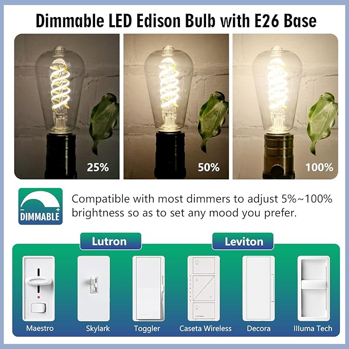 8 Pack 60 Watt Equivalent, E26 LED Filament Light Bulbs, Neutral White 4000K, Dimmable, Antique Filament Decorative Light Bulbs, ST19/ST58 LED Edison Bulb with 80+ CRI