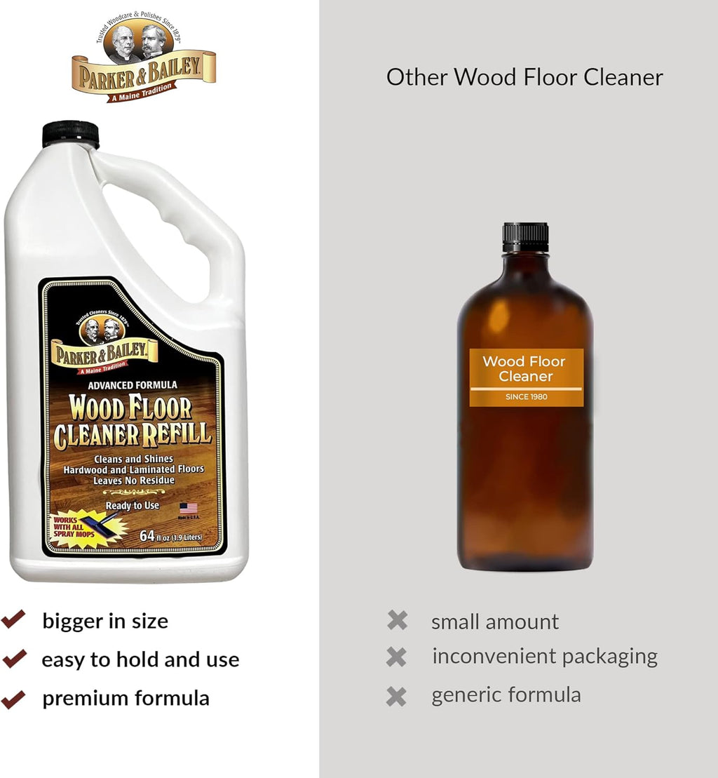 PARKER & BAILEY WOOD FLOOR CLEANER – Use on Hardwood, Laminated or Faux Finished Floors. Shine Restorer Protector, Surface Cleaner Supplies Home Improvement, Natural Look, Cuts Grease, 64oz