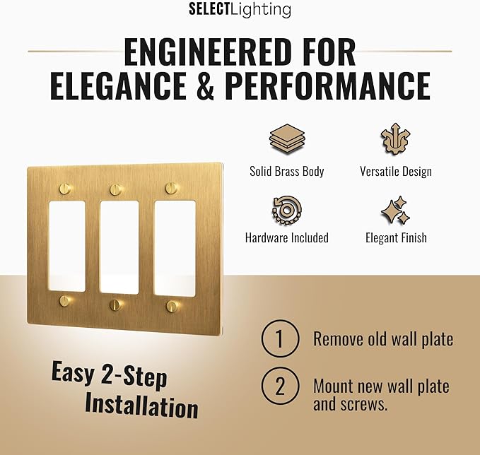 3-Gang Satin Brass Wall Plate, Electrical Receptacle Wall Outlet Faceplate, GFI/Rocker Decorator Light Switch Cover