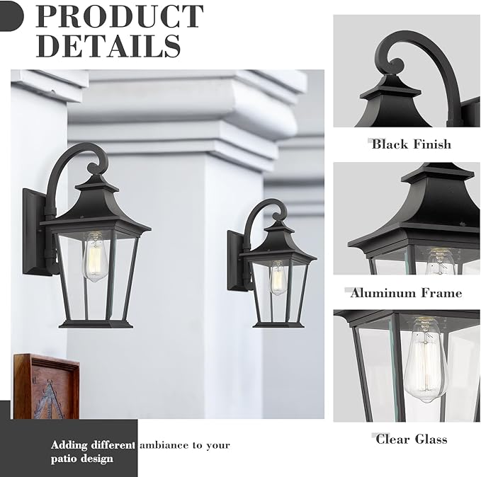 Emliviar Outdoor Wall Lantern, 1-Light Exterior Wall Mount Light with Clear Glass in Black Finish, 18" Height, 500181