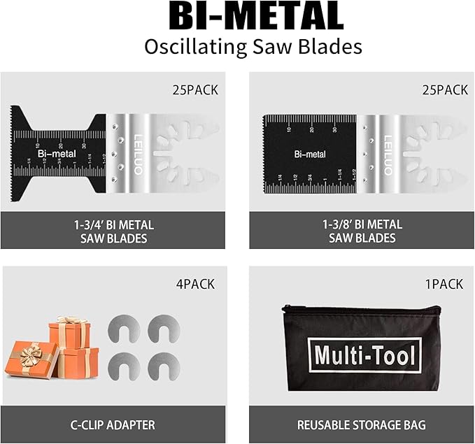 LEILUO 50 Pcs Bi-Metal Multitool Blades for Soft Metal Nails Wood Oscillating Saw Blades Universal Oscillating Tool Accessories with Storage Bag Compatible with DeWalt Makita Dremel and More