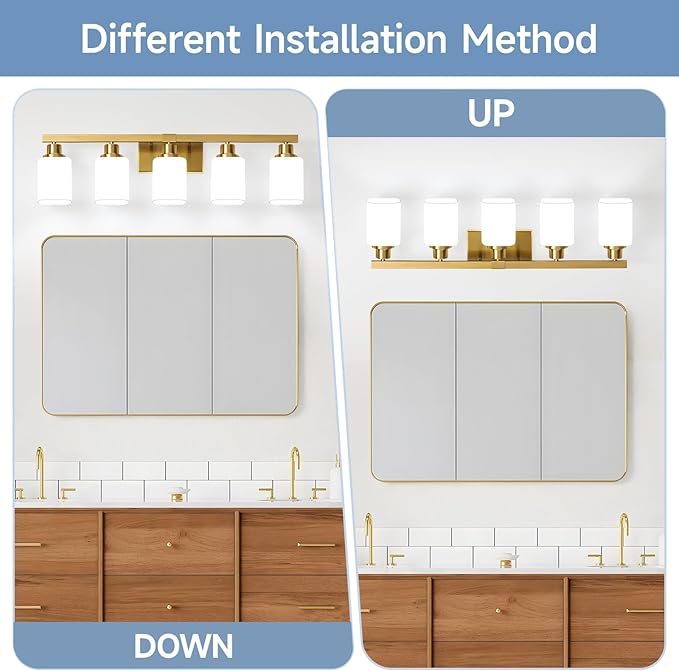 Brushed Gold Bathroom Vanity Light,5-Light Bathroom Light Fixtures with Square Frosted Glass,Gold Bathroom Wall Lamp Sconces for Mirror Bedroom,Living Room Hallway,E26