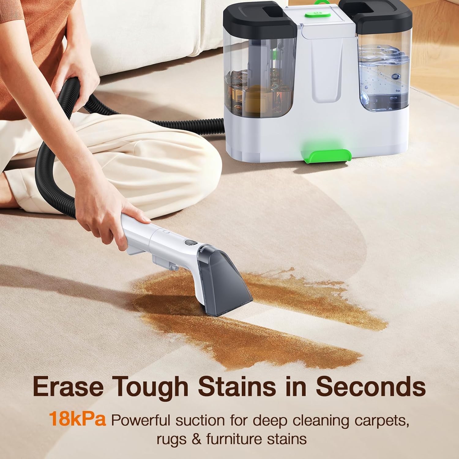 LABIGO Portable Carpet & Upholstery Cleaner, 18Kpa Carpet Cleaner Machine for Deep Stain Removal, Spot Cleaner for Pet Accidents, Area Rugs, Stairs, Car Seats & Couches, Includes Tools & Self-Cleaning