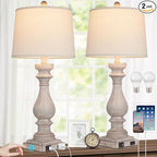 27.5" Farmhouse Table Lamp for Living Room Set of 2,Vintage Bedside Lamps with USB C+A Ports & AC Outlet,3-Way Dimmable Touch Control Gray Washed Finish Nightstand for Bedroom, Gray