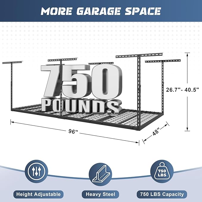 4X8FT Overhead Garage Storage Rack, 22"-48" Height Adjustable Garage Ceiling Storage Racks, Heavy Duty Metal Overhead Storage Organizer System, 750LBS Weight Capacity
