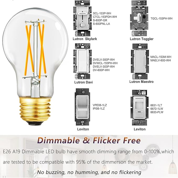 A19 Vintage LED Edison Light Bulbs 60 Watt, E26 Dimmable LED Filament Light Bulbs, Daylight White 5000K,6W Equal 60W Incandescent Bulbs,600LM, AC120V, A19 LED Bulb with 90 CRI,COCODI-6Pack (6W-5000K)