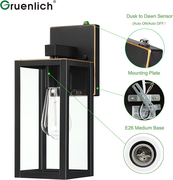 GRUENLICH Dusk to Dawn Large Outdoor Wall Lantern, Wall Sconce as Porch Lighting Fixture, E26 Base Max 60W, Metal Housing with Glass Shade (Oil Rubbed Bronze, 1-Pack)