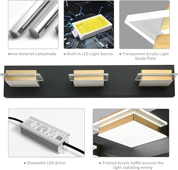 Bathroom Vanity Light Fixtures 3 Lights Dimmable LED Wall Sconce with Matte Black Finish Gold Metal Lampshade White Light 3000K-6000K,3 Color