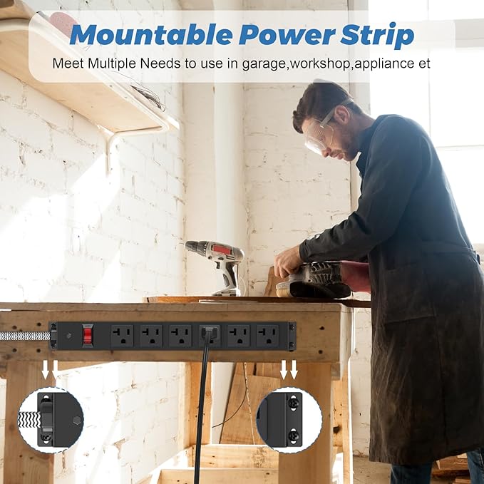 HEZI 20 Amp Power Strip with 5-20P/T- Plug, Heavy Duty High Amp Metal Surge Protector, Mountable Industrial Power Strip with 6AC Outlets(5-20R) and Circuit Breaker, 10FT 12AWG Extension Cord