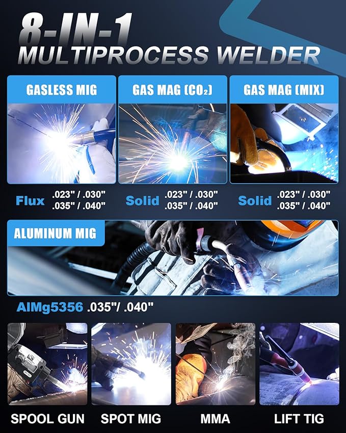 AZZUNO 200A MIG Welder Machine 110V/220V, 8 in 1 Welding Machine Aluminum MIG/Spool Gun Compatible/Gas MIG/MAG/Flux Core MIG/Spot MIG/Lift TIG/Stick Welding, Multiprocess Welder
