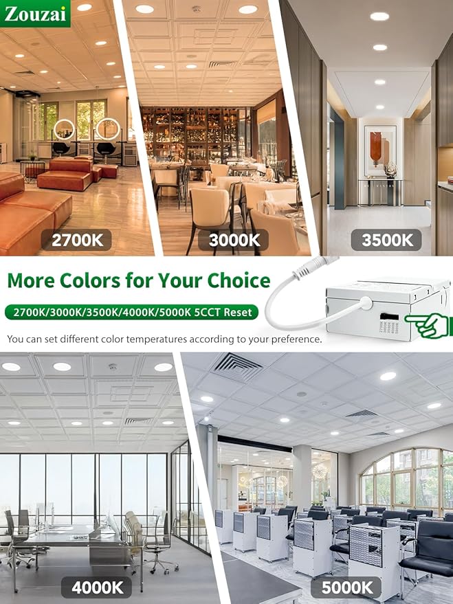 zouzai 1 Pack 8 Inch 18W Eqv 150W 1620LM 5CCT Ultra-Thin LED Recessed Ceiling Light with Junction Box, 2700K/3000K/3500K/4000K/5000K Selectable, 18W Eqv 125W, Dimmable - ETL and Energy Star Certified