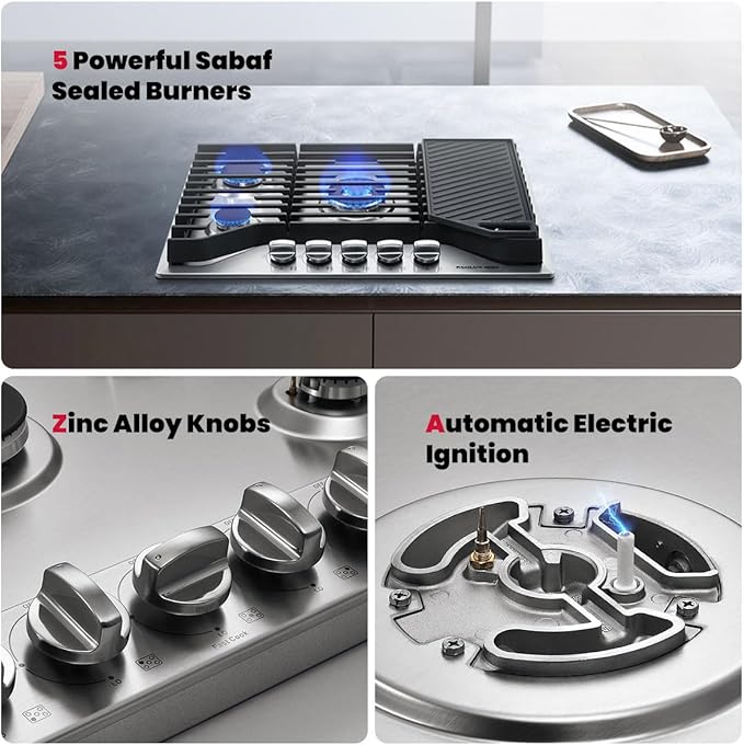 GASLAND Master 30 Inch Gas Cooktop with Griddle PRO GH3805SS1FC with 5 Burners, CSA certified, 120V Plug-in, NG/LPG Convertible