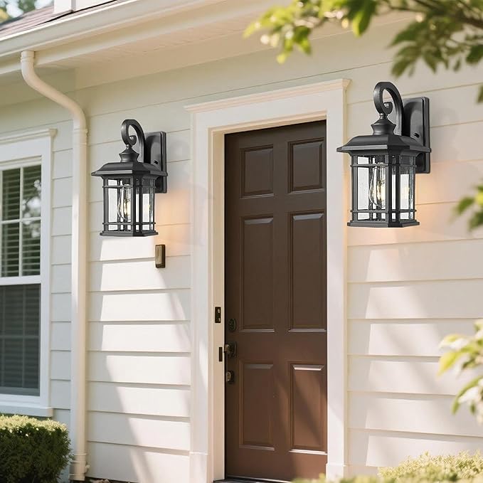 ALLGOT Exterior Wall Sconce, Outdoor Waterproof Wall Mount Light Fixture, Anti-Rust Matte Black Finish Outdoor Lighting Fixture with Seeded Glass Lampshade (Black, 12.48 Inch Height)