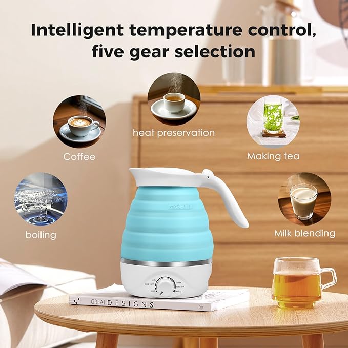Travel Foldable Electric Kettle, 110V Collapsible Travel Kettle Electric Food Grade Silicone Portable Foldable Electric Kettles 850W Fast Boiling Water 700ml Kettle Electric Portable (Blue)