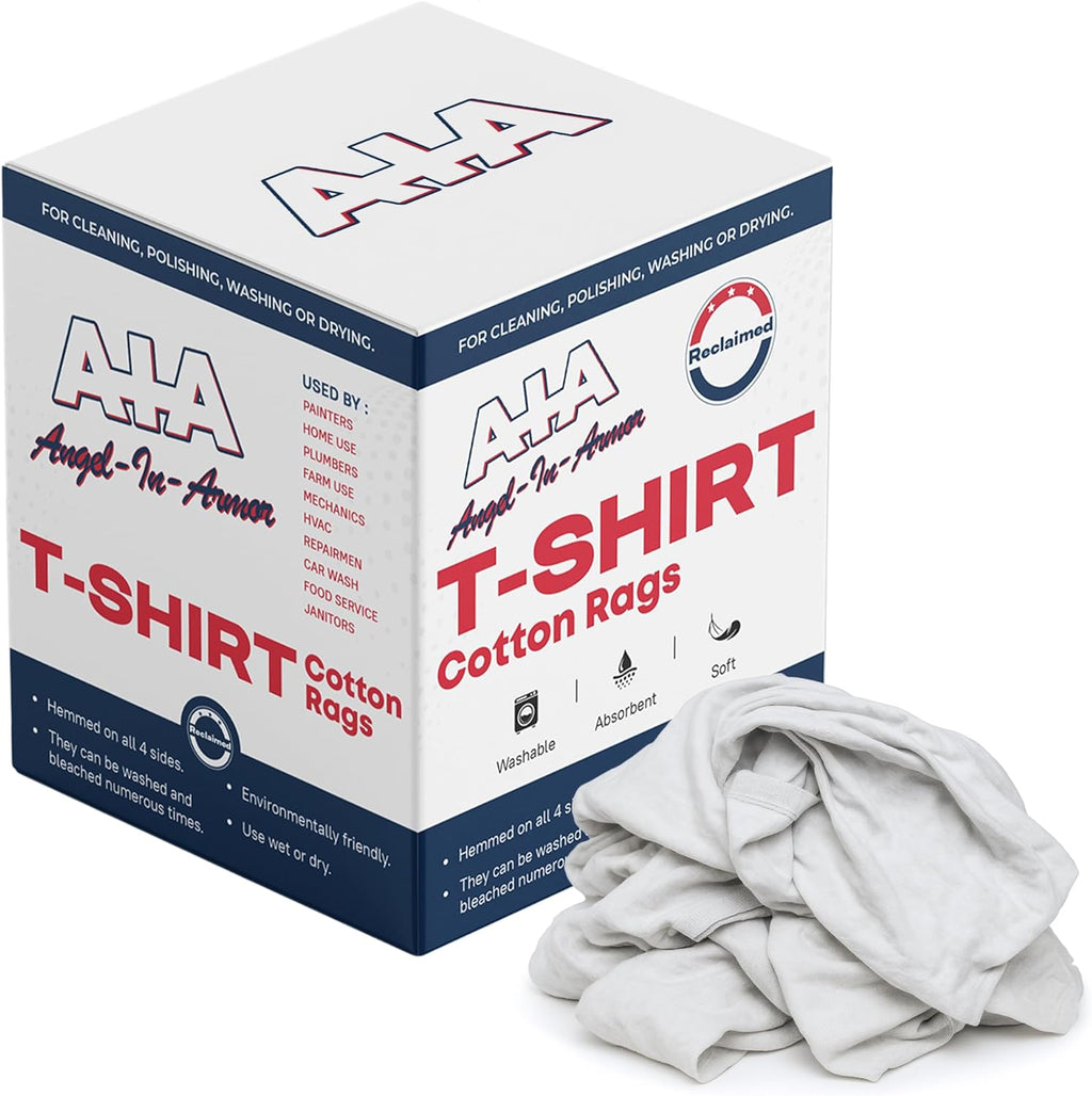 Angel-in-Armor White T-Shirt Rags – 25lb Bulk Box of Recycled Cotton Knit Shop Rags (325 Units) – Low Lint Cleaning Cloths for Mechanics, Oil Changes, Industrial and Commercial Use