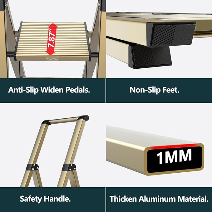 WOA WOA 4 Step Ladder for 10 Feet High Ceiling, Lightweight Foldable Ladder with Non-Slip Wide Pedals, Step Stool with Safe Handrail, Space Saving for Home, Kitchen, Indoor & Outdoor 300lbs - Gold