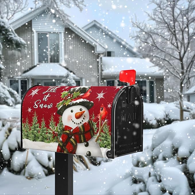 Snowman Mailbox Covers Magnetic Standard Size Xmas Cardinal Mailbox Cover 21X18 Inch Winter Pine Tree Post Box Letterbox Wraps for Garden Yard Christmas Decorations