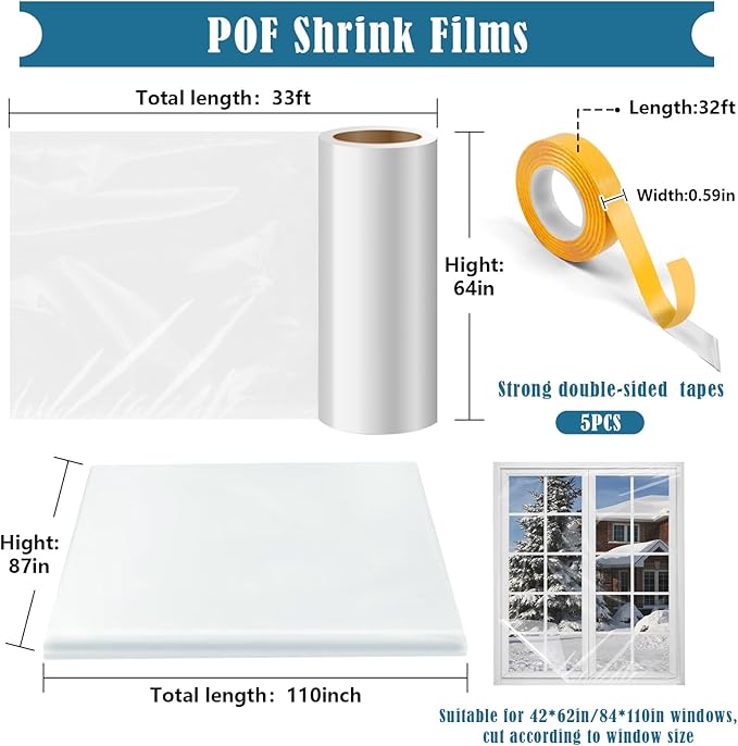 Window Insulation Kit, 63 × 394" and 87 × 110"Plastic Window Coverings for Winter, Thicken Window Shrink Film Insulator Kit Windows Waterproof Winterizing with Double-Sided Tape