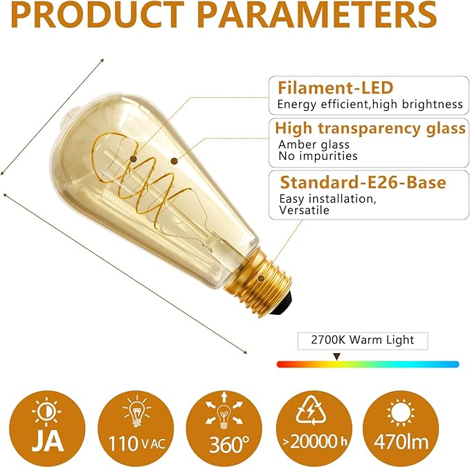 HESSION ST64 LED Edison Bulb - 4W Equivalent 40Watt, 4-Pack 2700K Warm White Light Bulbs, E26 Base Bulb- Easy Install, Vintage Decorative LED Light Bulbs for Home Light