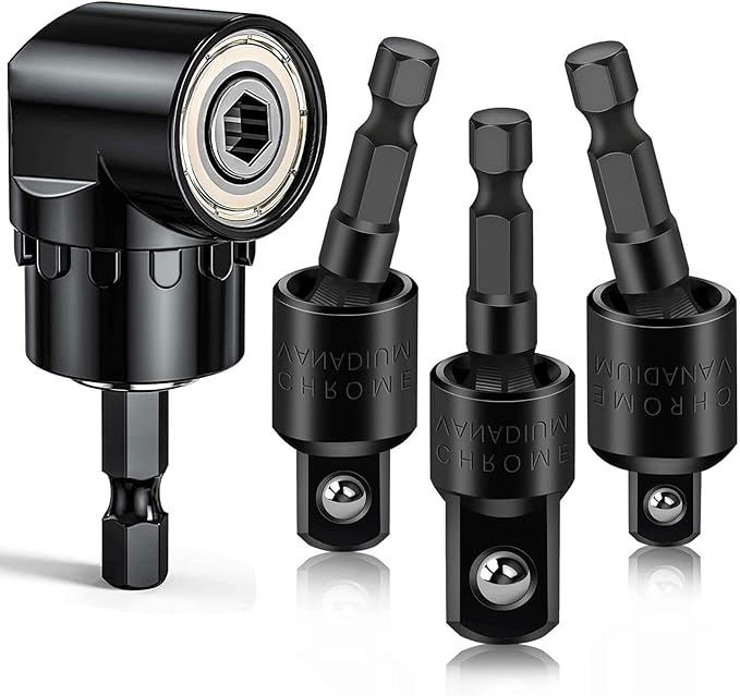 Flexible Drill Bit Extension Set with Right Angle Attachment, 360° Rotatable 1/4 3/8 1/2" Impact Grade Socket Adapter Sets for Cordless Drill & Screwdriver, Power Drill & Driver