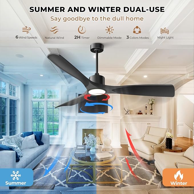 60" Smart Ceiling Fan with Lights,Outdoor Ceiling Fan 3 Blade,Work with Alexa/Gg/App/Remote,3-Color Light 6-Speed Quiet Reversible DC Motor for Patio Porch Bedroom,Black
