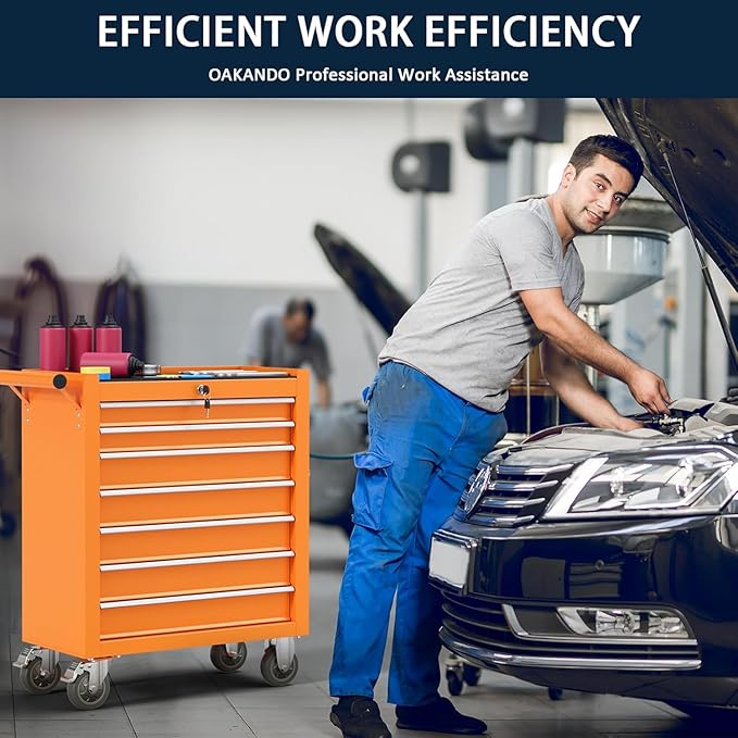 7-Drawer Metal Rolling Tool Chest with Wheels,Tool Storage Cabinet with Locking System，Toolbox with Wheels for Garage, Warehouse, Workshop, Repair Shop (Orange, 7-Drawer)