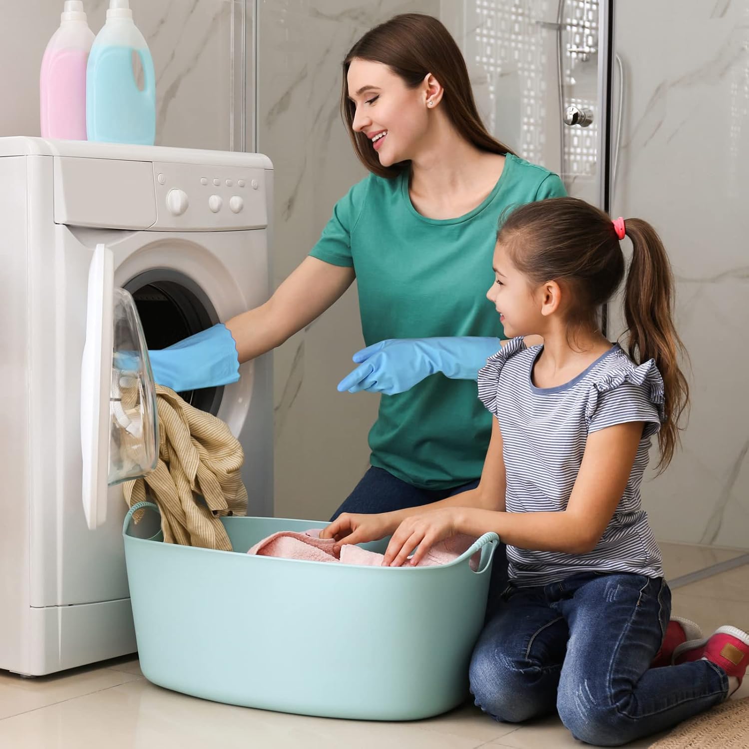 Bamllum Rubber Cleaning Gloves - 2 Pairs Latex Free Kitchen Cleaning Gloves with Cotton Liner- Household Dishwashing Gloves, Non- Slip Waterproof (Small, Blue+Pink)