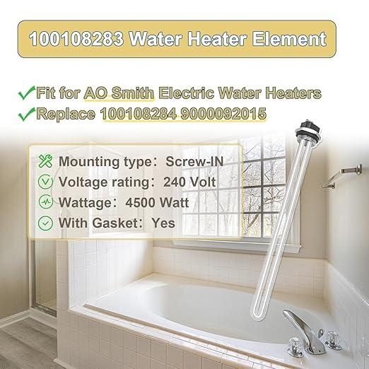 Upgraded AO Smith 100108283 4500W 240V Water Heater Element, For ECT 52/55/66/80/120,ECS 30/40/50,ECLN ELJN ECJN 40,ECL 30/50, E6 Electric Water Heaters, Replace 100108284 9000092015 9000092045