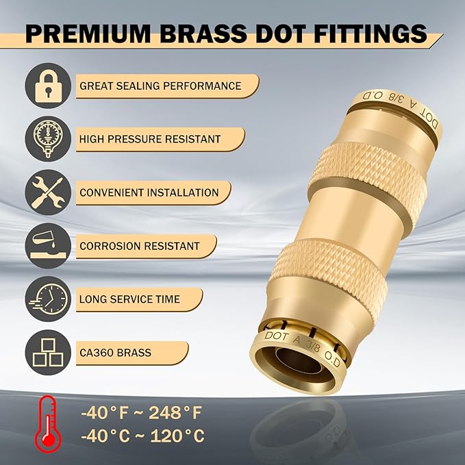 CheeMuii 23 PCS Brass DOT Air Line Fittings with 30FT 1/4" and 20FT 3/8" DOT Air Line Kit Push Lock Quick Connect Fittings with Pneumatic Tubing Set